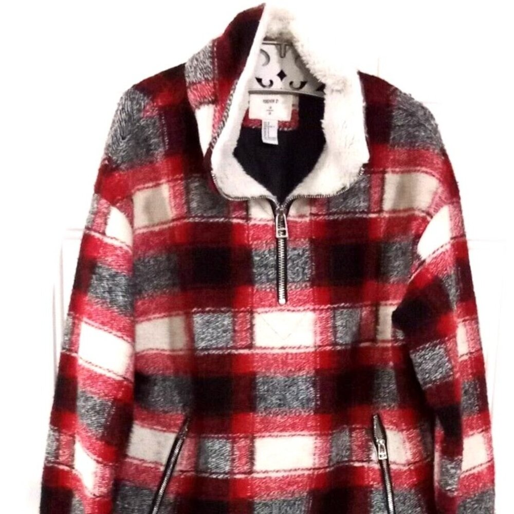 Forever 21 Women Sweater Small Wool Blend Jacket Pullover Plaid 1/4 Zip